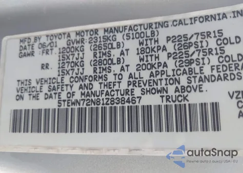 2001 Toyota Tacoma Base V6 из США, поврежденный, VIN 5TEWN72N81Z838467